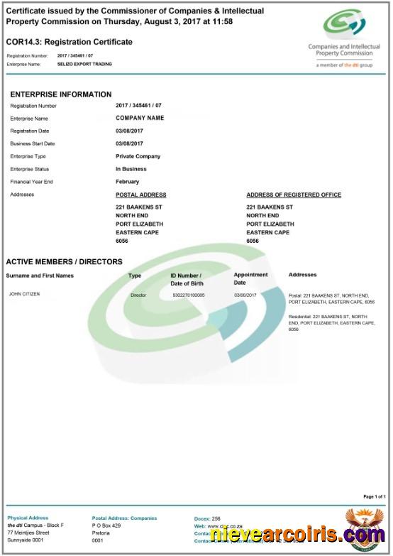 South Africa Registration Certificate